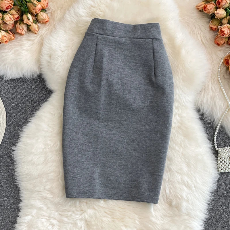 High Waist Midi Skirt Women's OL Profional Slimming Side Slit Wrap A-Line One Step Skirt Autumn Korean Sle Commute