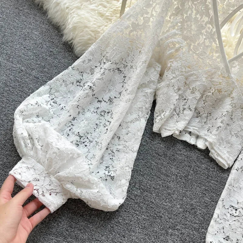 Frenchic Sexy Blusas Mujer Crochet Lace Sheer Women Tops V-neck Lantern Sleeve Backless Lace-up Ladies Elegant Blouse
