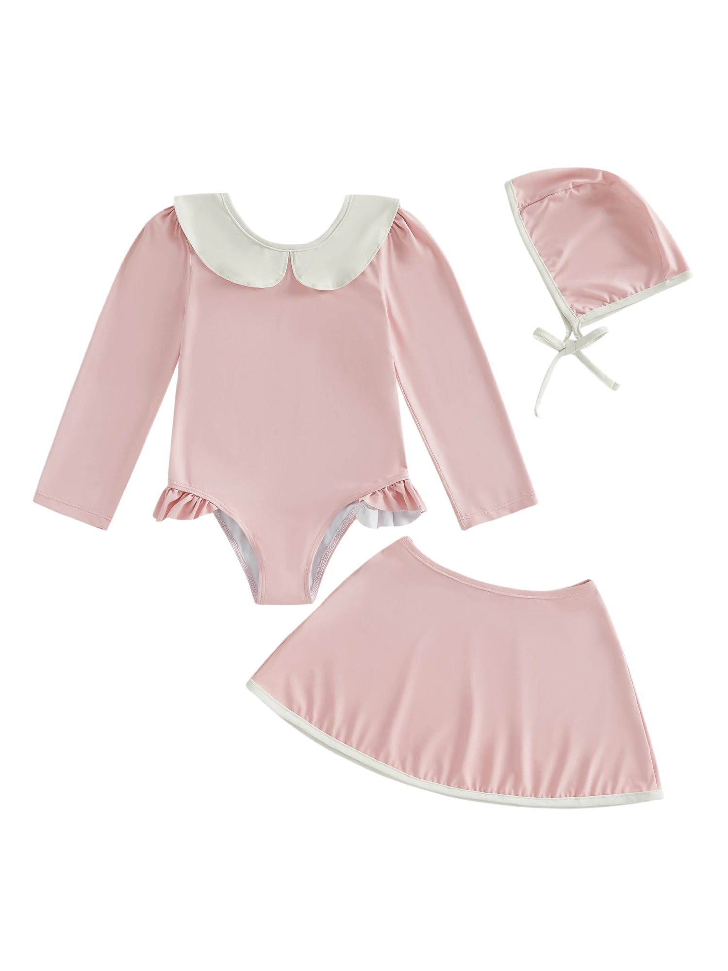 1-6T 3Pcs Little Girls Swimsuit Set Doll Collar Long Sleeve Contrast Color Rash Guard Swimwear Skirt and Hat