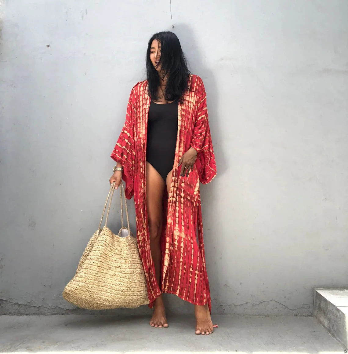 Women's Boho Stripe Tie Dye Swimsuit Cover Up with Belt Tunic Sarong Cardigan Dress Bikini Cover-ups Beach Wear Kimono