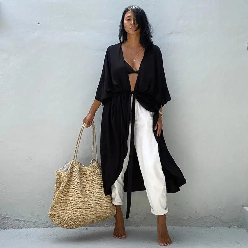 Women's Boho Stripe Tie Dye Swimsuit Cover Up with Belt Tunic Sarong Cardigan Dress Bikini Cover-ups Beach Wear Kimono