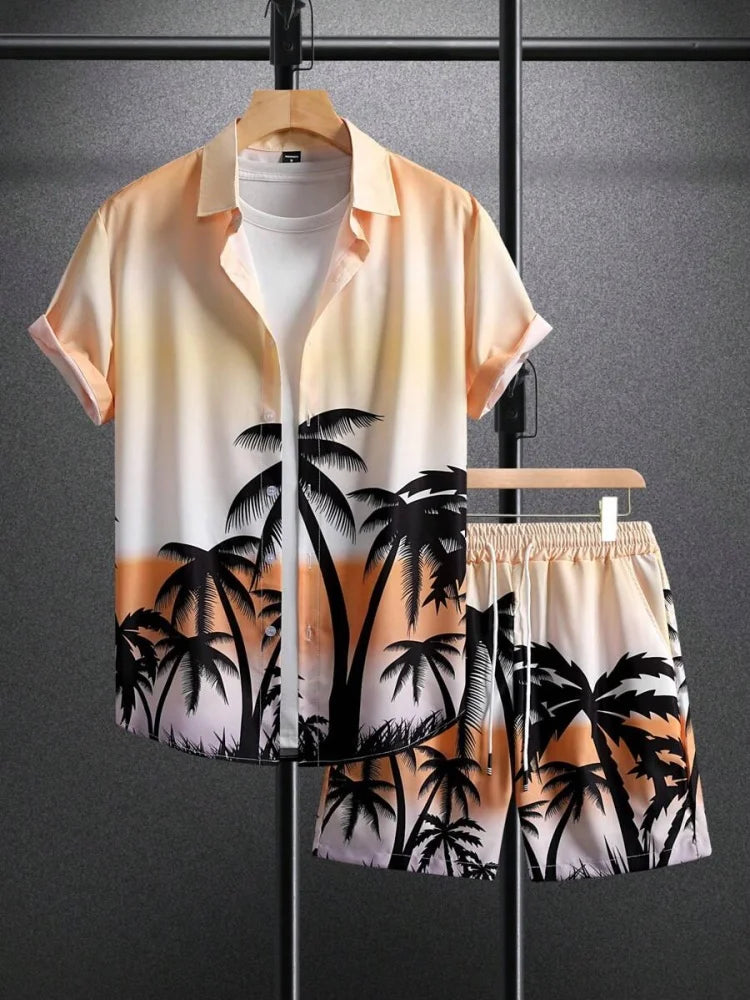 Men's Short-sleeved Shirt Set Blue Ocean Palm Tree Print Hawaiian Seaside Vacation Style Shirt Set