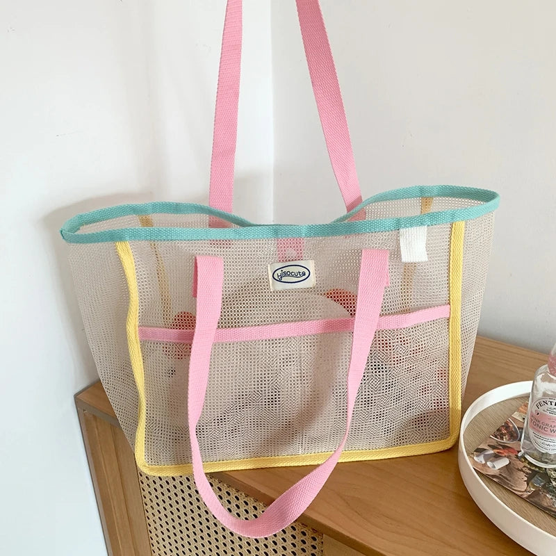 Ladies Summer Transparent Mesh Breathable Handbag Outdoor Beach Shower Handbag Large Capacity Beach Bags Portable Swimming Tote
