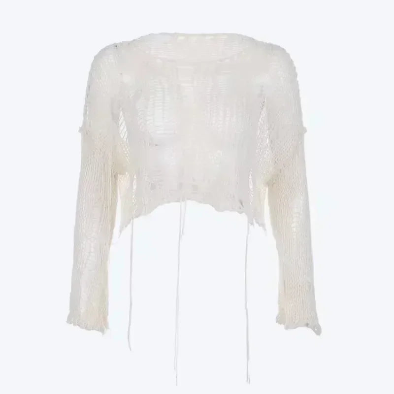 Y2k Cropped Hole Sweater Sexy Gyaru Hollow Out Knit Pullovers Goth Korean Long Sleeve Jumper Summer Fashion Sheer Knitwears Tops