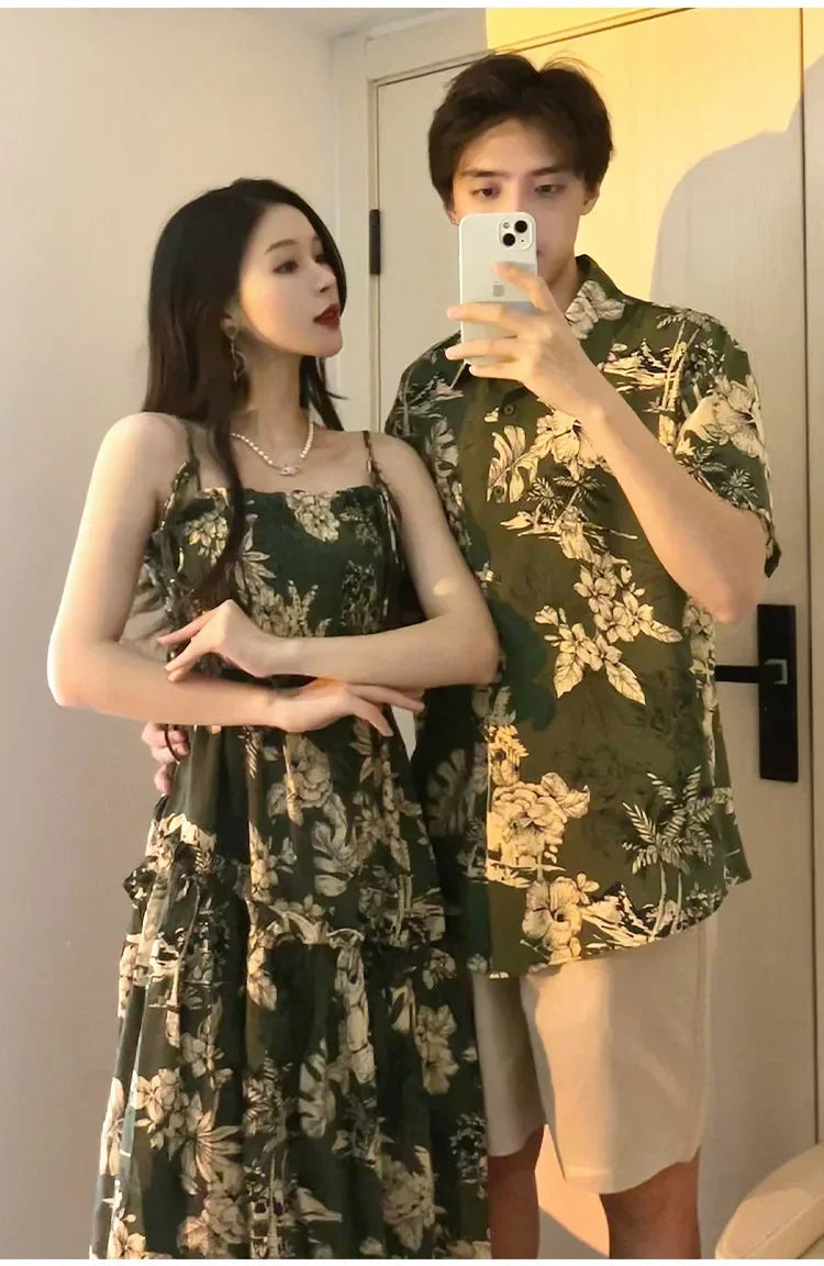 Holiday Family Matching Beach Clothes Couple Vacation Look Mom  Dress Resort Dad Son Print Shirts Outfits Daughter Smock Green