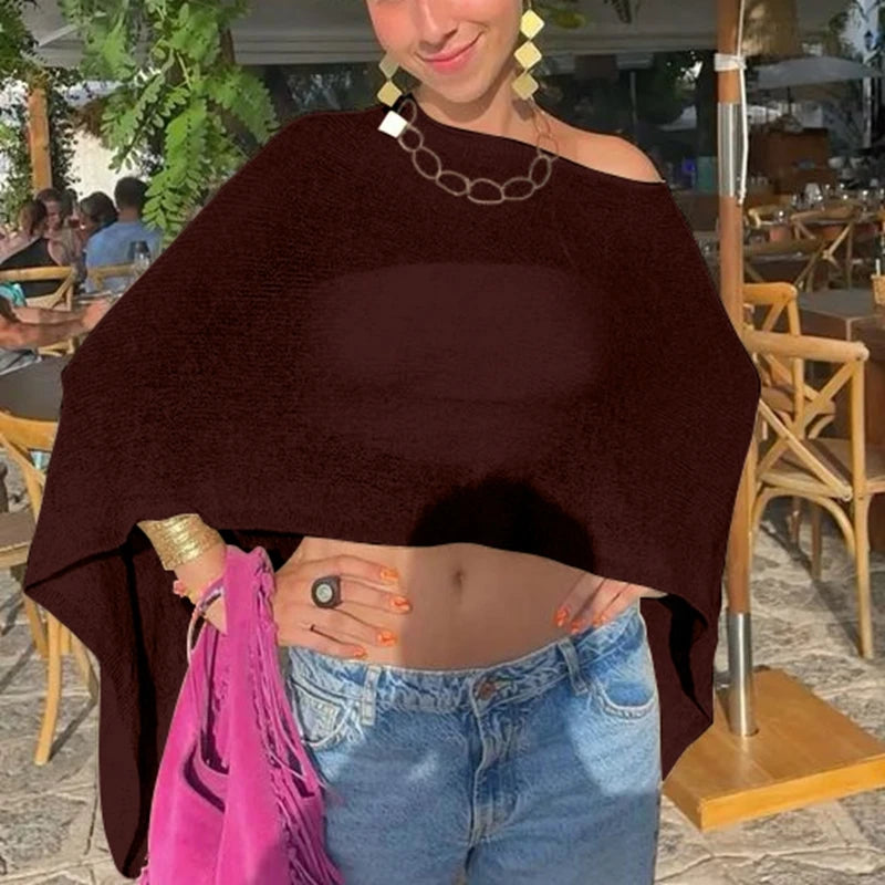 Combhasaki Women Knitwear Bikini Cover-up See-through Solid Off Shoulder Irregular Triangle Hem Loose Pullover Summer Beach Tops