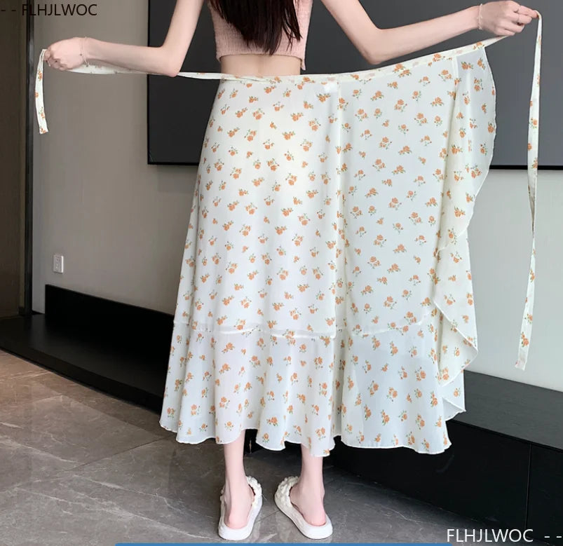 Wrap Up Chic Korea Clothes Women Cute Girls Floral Robe Holiday Beach Date High Waist Retro Vintage One-Piece Lace-Up Skirts