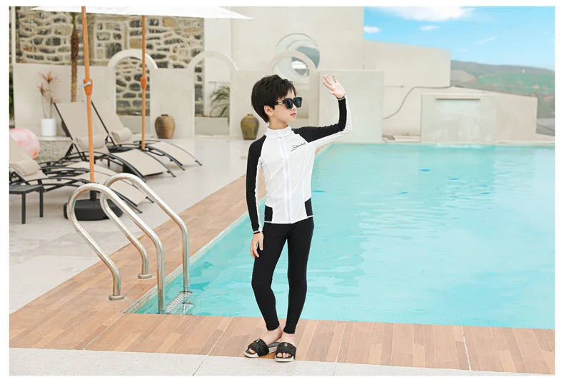 Three Piece Long Sleeve Cover Up Swimwear Korean Beach Wear Kids Girls Boys Swimsuit White Black Rash Guard Bathing Suits Pants