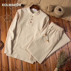 (Shirt + trousers) 2026 autumn fashion men shirt spring Man Cotton and linen shirts long sleeve men's casual shirts men M to 5XL