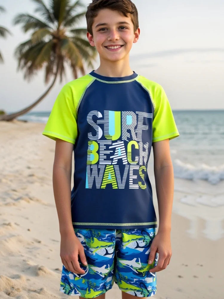 Boy Kids Swimsuit 2026 New Short Sleeve Letter Children Swimwear Summer Beach Shorts Two Piece Beachwear Bathing Suit Swimming