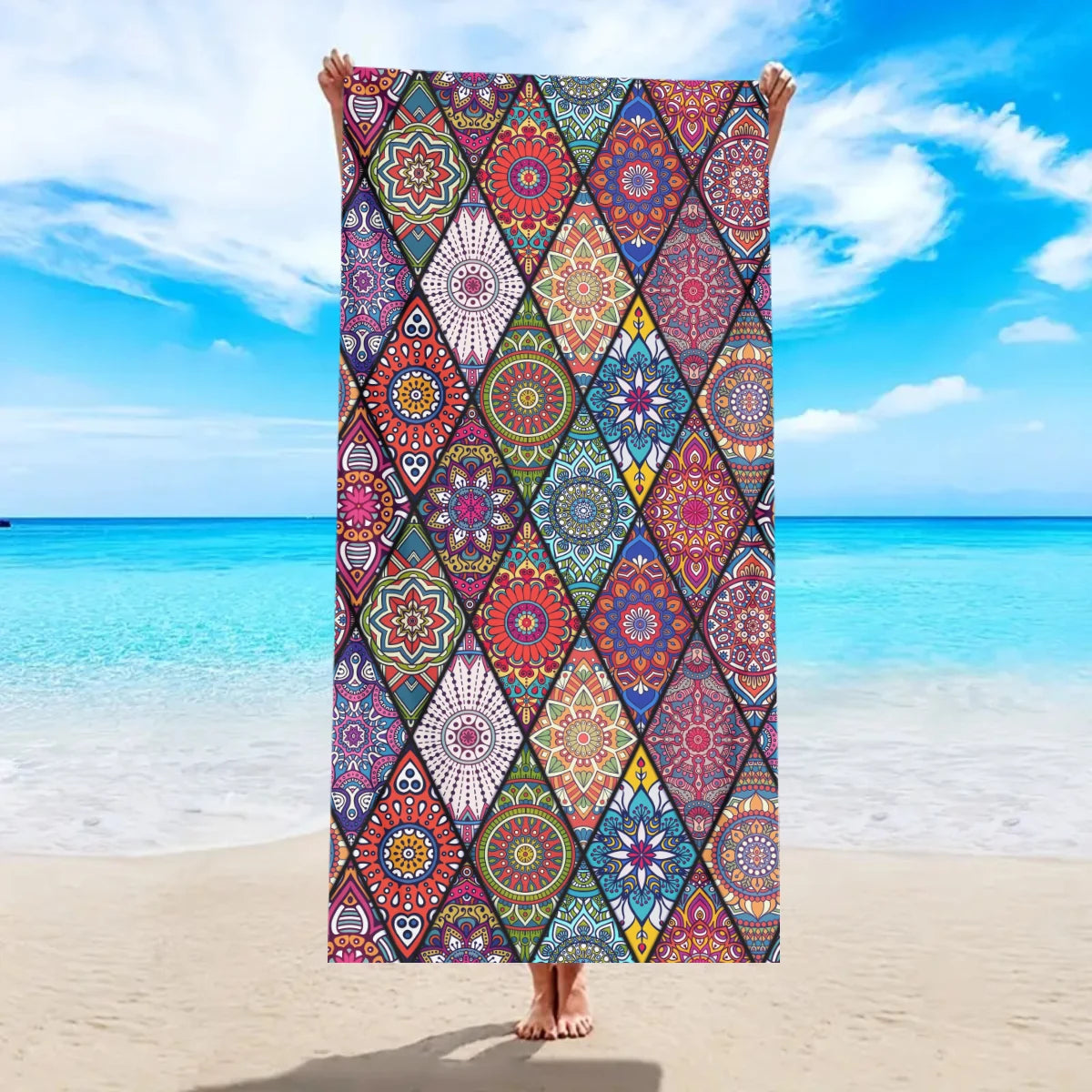 1pc Bohemian Large Beach Towel, Striped Flower Love Printed Bath Towel, Outdoor Swimming, Vacation, Camping Beach Towel