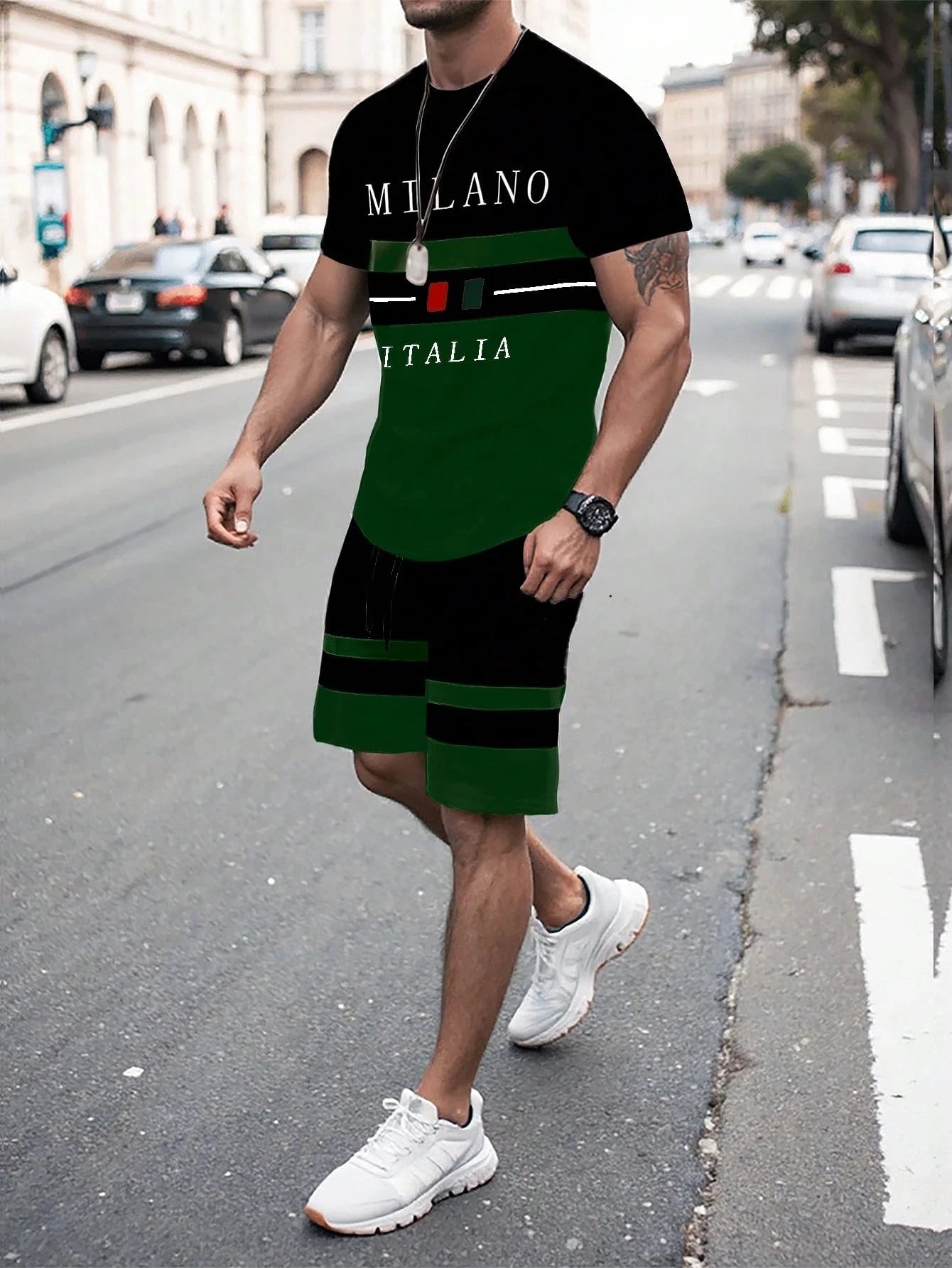 Summer Men's Stripe Letter Print Short Sleeve Top Shorts 2 Pieces Set Oversized Loose Round Neck T-shirt Man Drawstring Shorts