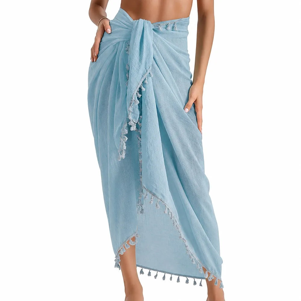 Solid Color Beach Wrap Skirt Sheer Design Quick Drying Sarong Beach Towel Knot Side Tassel Trim Bikini Cover Up
