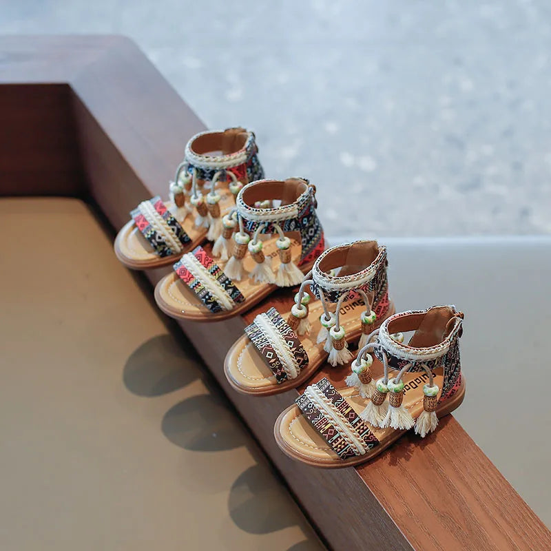 Girls Sandals Ethnic Retro Children Fashion Casual Shoes Tassels 2024 Back Zipper Summer New Sandals Kids Pattern GLADIATOR Cute