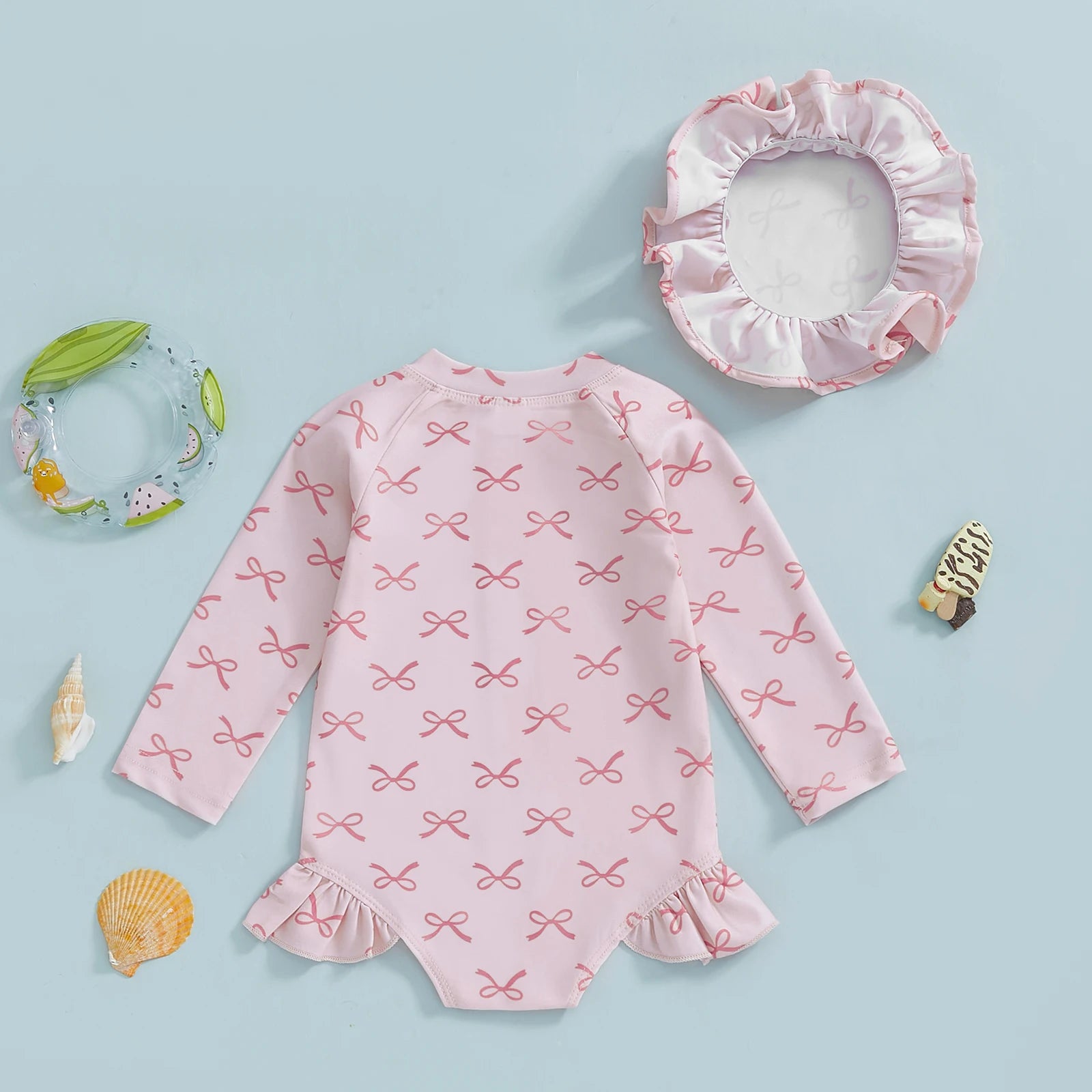 Toddler Baby Girl Rash Guard Swimsuit with Sun Hat 2 Piece Beachwear Children Long Sleeve Bow/Cherry Print Bathing Suit Swimwear