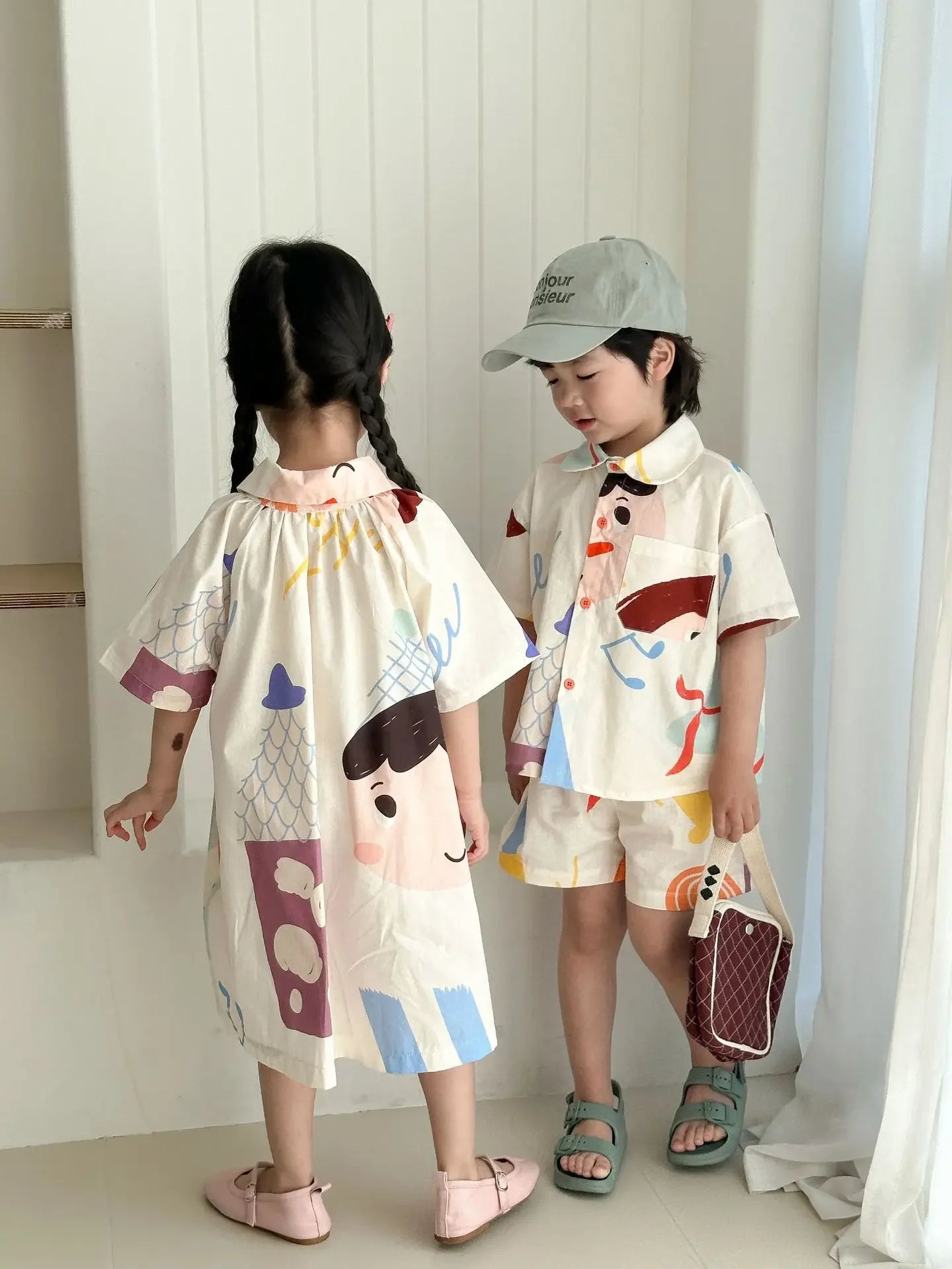 Kids Set Brother And Sister Clothes 2025 Summer New Boy's Two Piece Suit Or Short Sleeve Girl's Graffiti Dress Cartoon Clothes