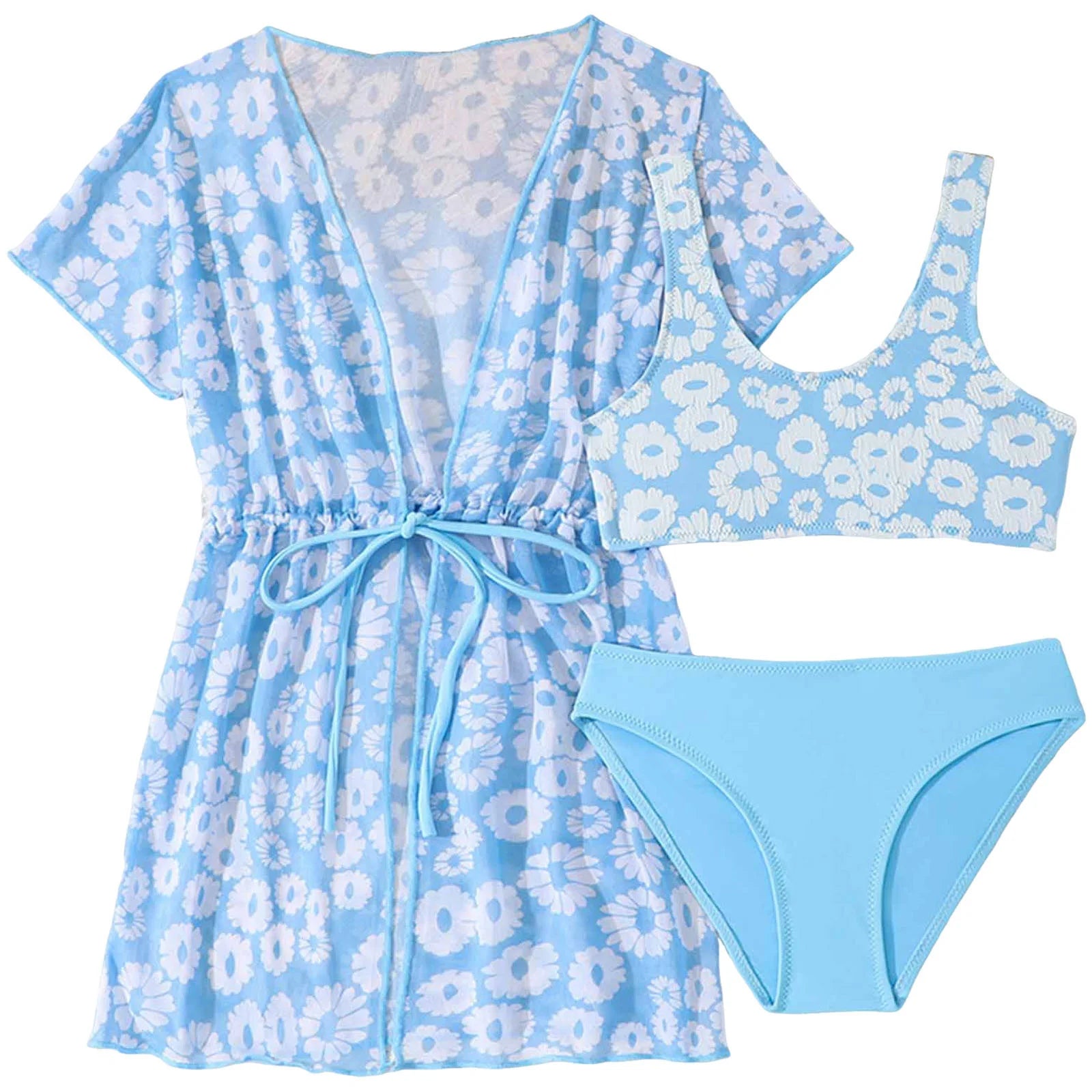 Girls 3 Pcs Swim Cover Up Sets Floral Bikini Crop Top With Brief Kimono Teens Bathing Suit Girls' Swimsuit Cover Up Wrap Scarf