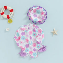 FOCUSNORM 0-24M Summer Baby Girls Rash Guard Swimsuits Long Sleeve Floral Print Zipper Swimwear and Sun Hat