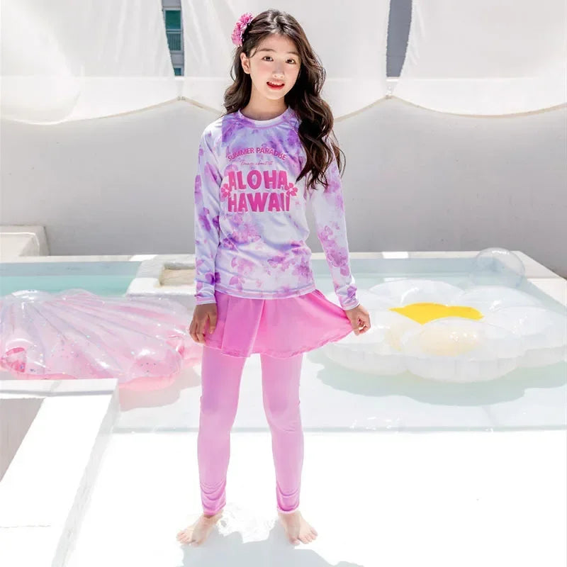 Printing Long Sleeved Girls Swimwear Sun Protection Swimming Suit  Long Pants Skirt Style Quick Drying Bathing Suit 3-11Y