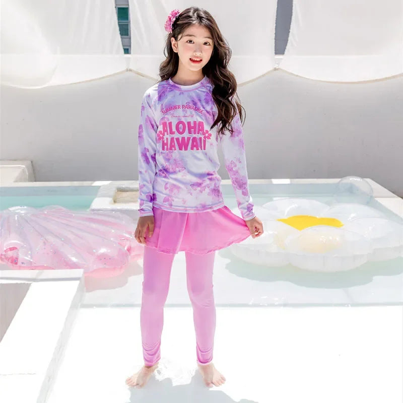 Printing Long Sleeved Girls Swimwear Sun Protection Swimming Suit  Long Pants Skirt Style Quick Drying Bathing Suit 3-11Y
