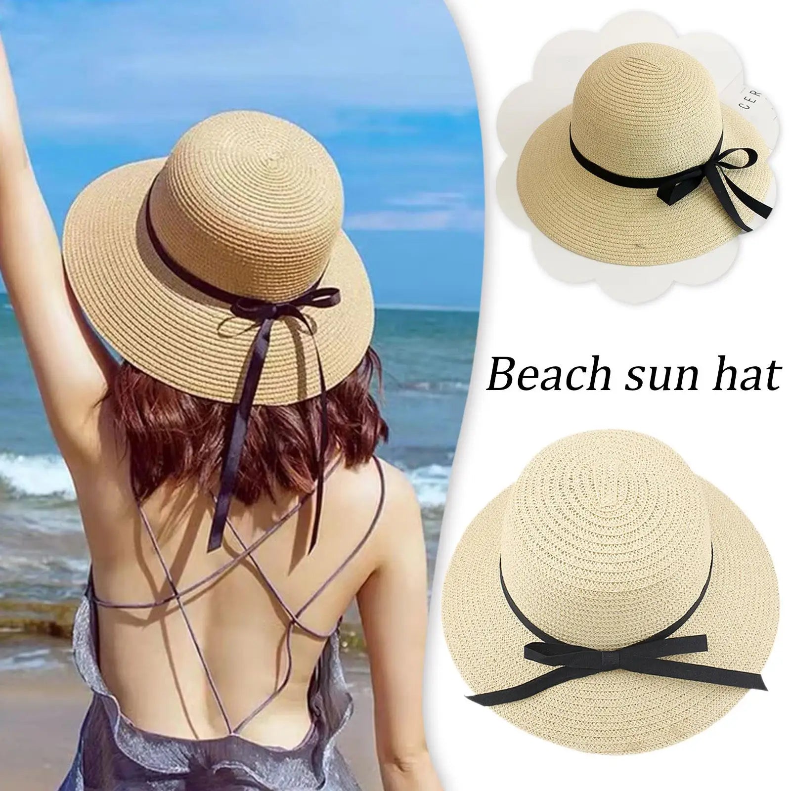 Summer straw hat,large wide brim,foldable beach sun hat, straw woven drooping brim UV protection ladies outdoor travel straw hat