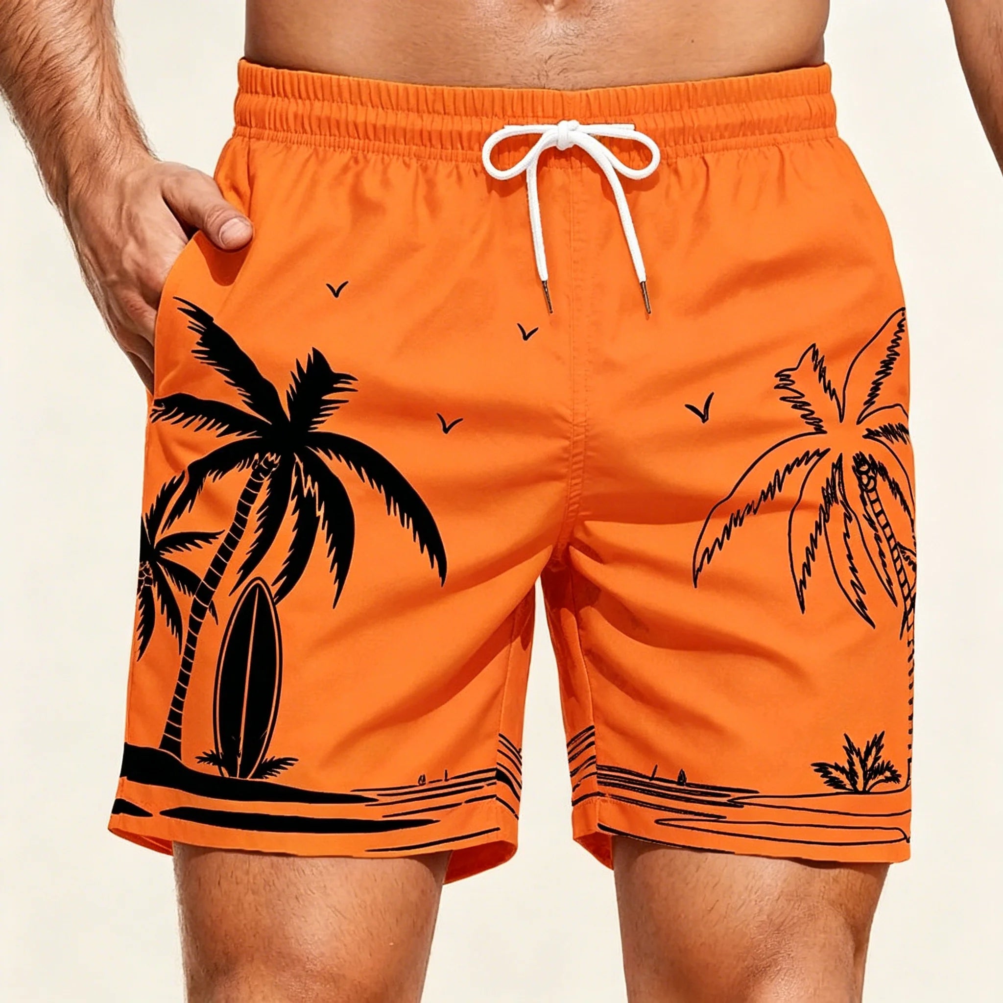 Men's Dark Green Tropical Leaf & Bird Print Drawstring Shorts, Casual Loose Swim Trunks For Spring Summer Wear