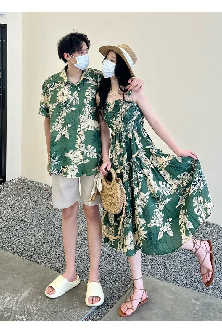 Holiday Family Matching Beach Clothes Couple Vacation Look Mom  Dress Resort Dad Son Print Shirts Outfits Daughter Smock Green