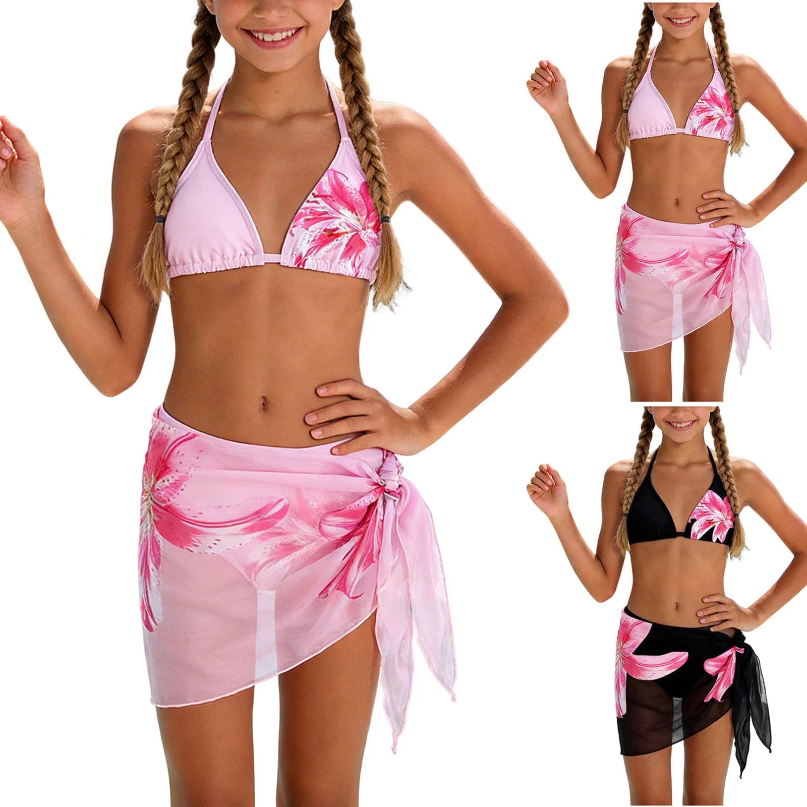 3 Piece Set Bikinis Sets Girls Cute Triangle Swimsuit With Beach Cover Up Bathing Suit Summer Fashion Printed Swimsuits For Girl