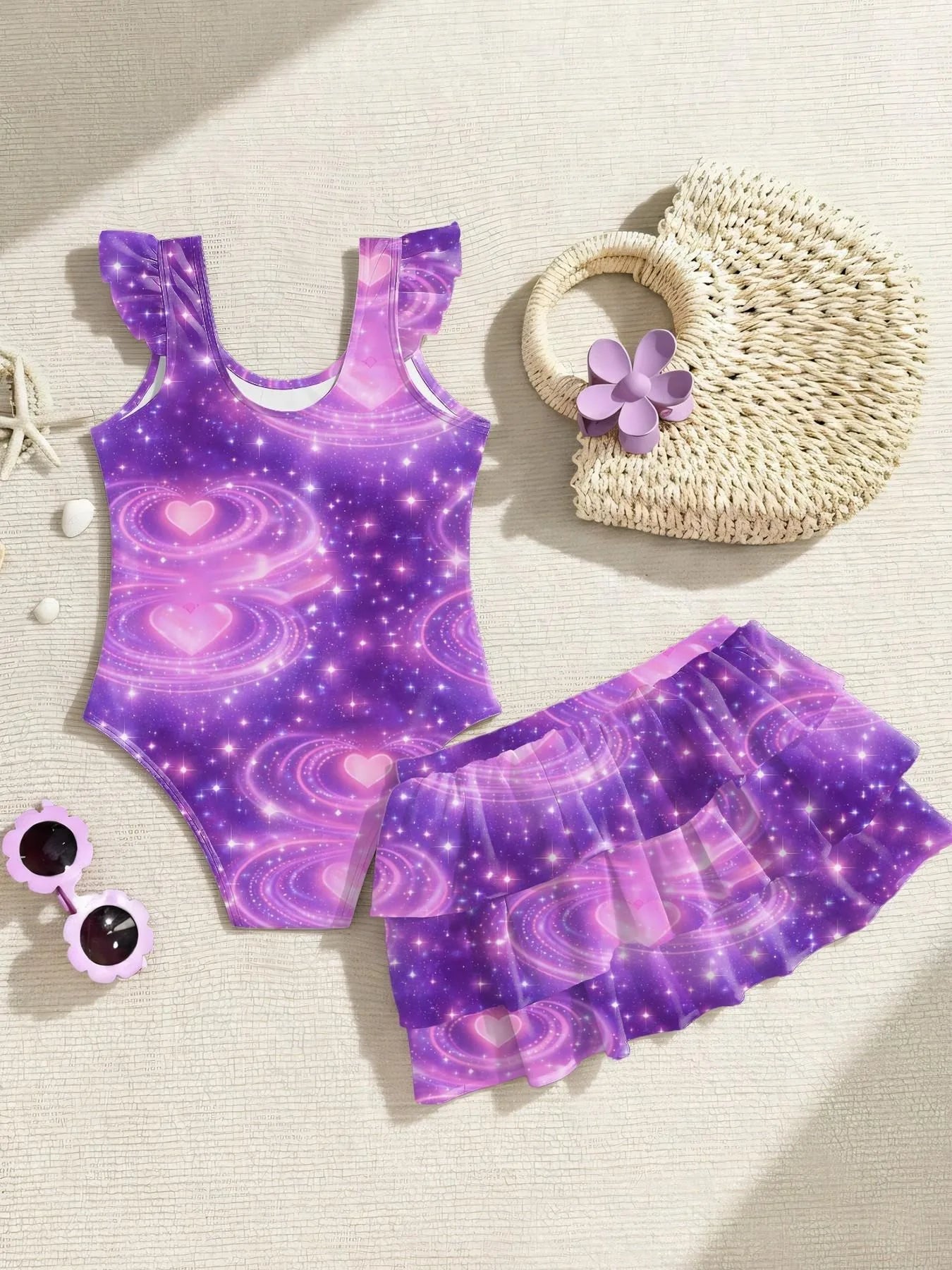 Kids Girls 2-Piece Anime Girl Print Ruffle One-Piece Swimsuit & Tiered Skirt Shorts Set Summer Beach Pool UPF 50+ Quick Dry Swim