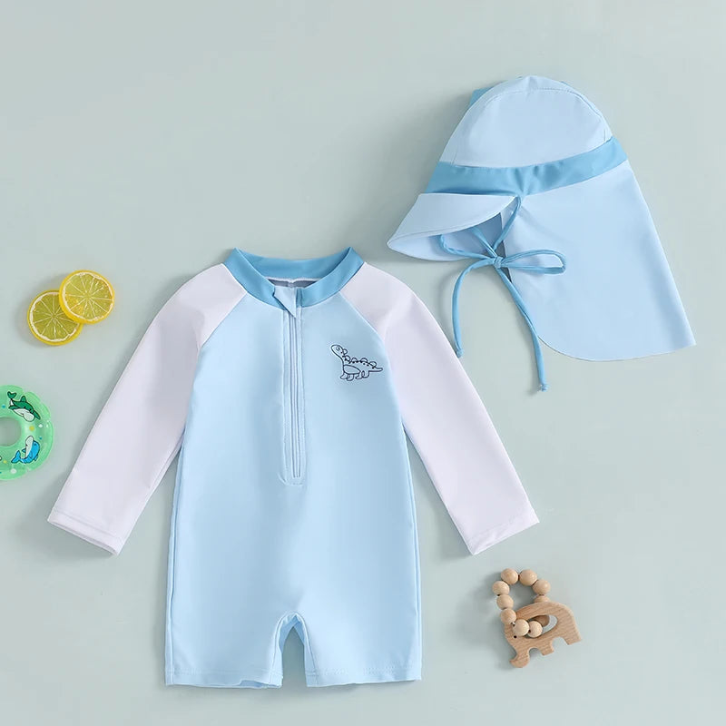 0-3T Newborn Toddler Boys Rash Guard Swimsuit Contrast Color Dinosaur Print Long Sleeve Mock Neck Zip Bathing Suit with Hat