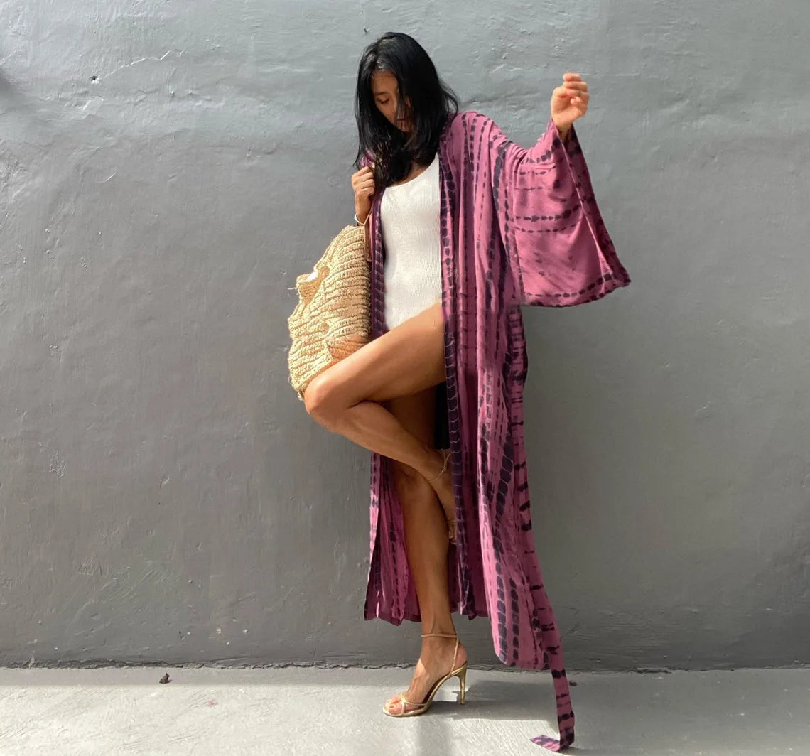 Women's Boho Stripe Tie Dye Swimsuit Cover Up with Belt Tunic Sarong Cardigan Dress Bikini Cover-ups Beach Wear Kimono
