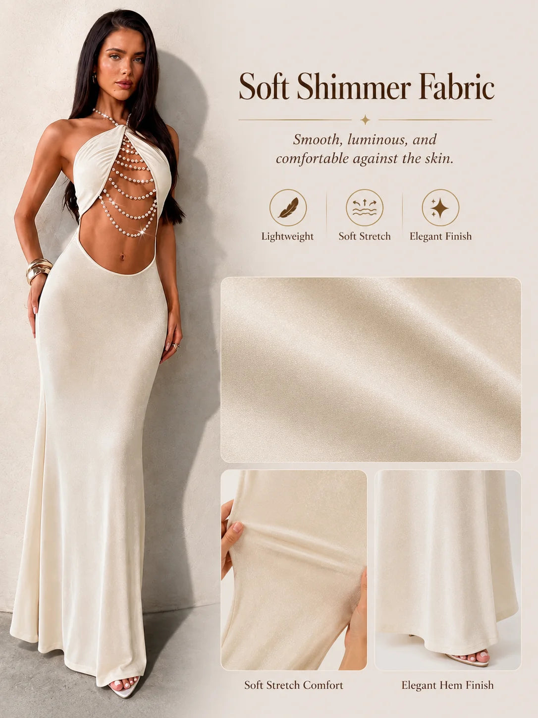 Halter Neck Cutout Bodycon Maxi Dress for Women, Pearl Chain Decor Sleeveless Backless Mermaid Dress Clubwear Cocktail Party Outfit