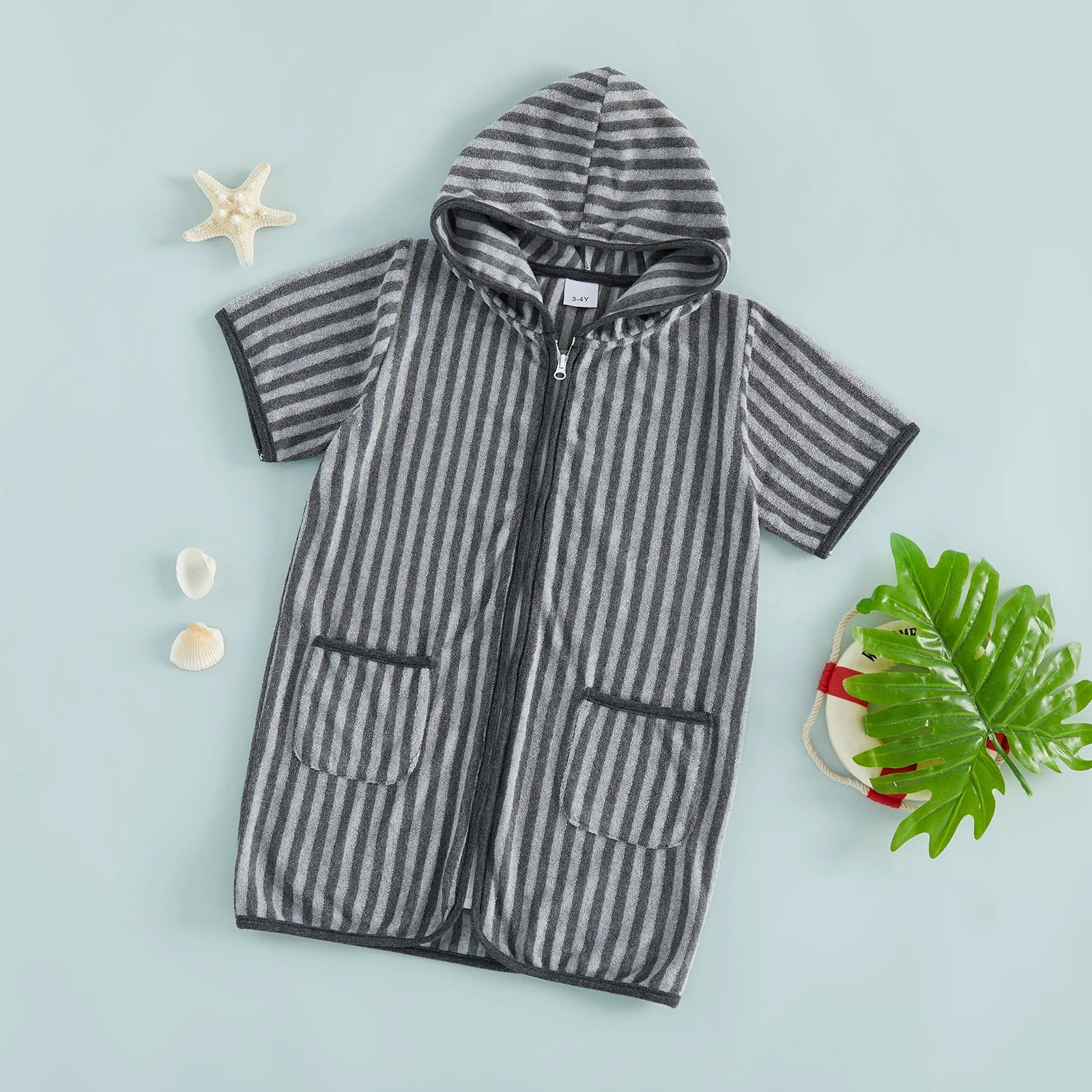 Summer Baby Swim Cover Up Bathing Suit Kids Hooded Towel Infant Boys Girls Short Sleeve Stripes Print Bathing Suit Coverup