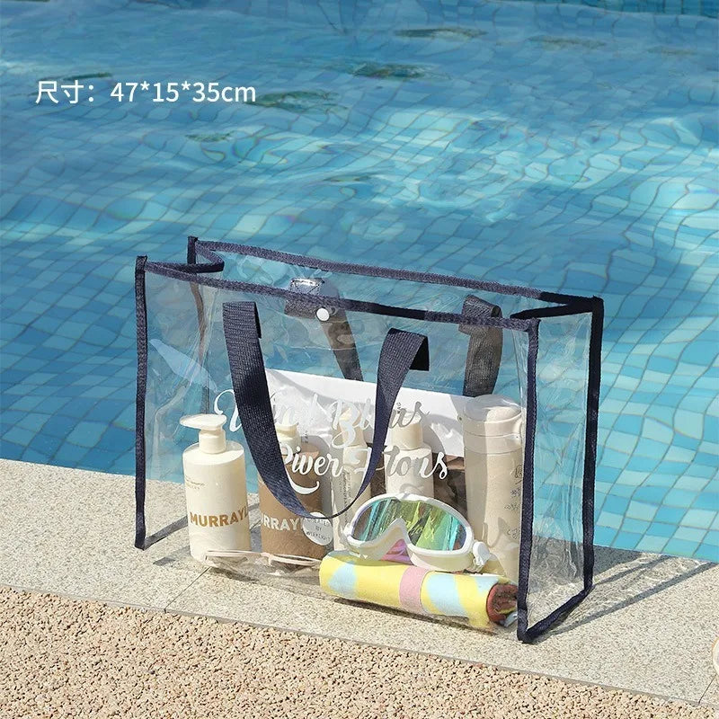 Foldable Clear Waterproof Swimming Bag Large Capacity Portable Beach Tote Handbag for Travel Clothes Toiletries Storage