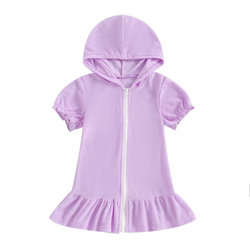 Girls Swimwear Cover-ups Solid Color Short Sleeve Zipper Ruffle Beach Dress Toddler Bathing Suit Kids Bikini Cover Up 1-8Y