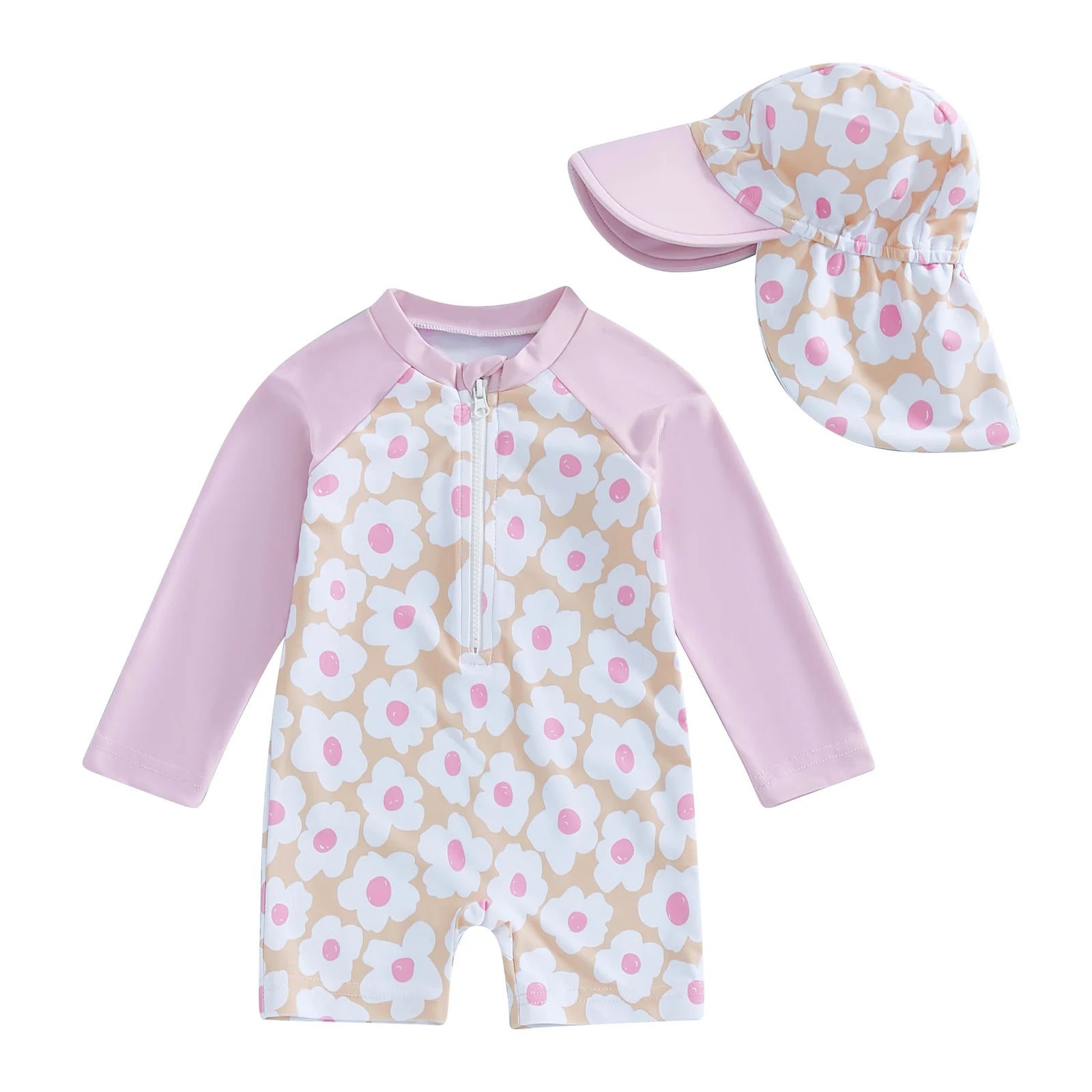 Tregren Toddler Girl Long Sleeve Swimsuit Floral/Flamingo Print Half Zipper Rash Guard Swimwear with Sun Hat Infant Beachwear