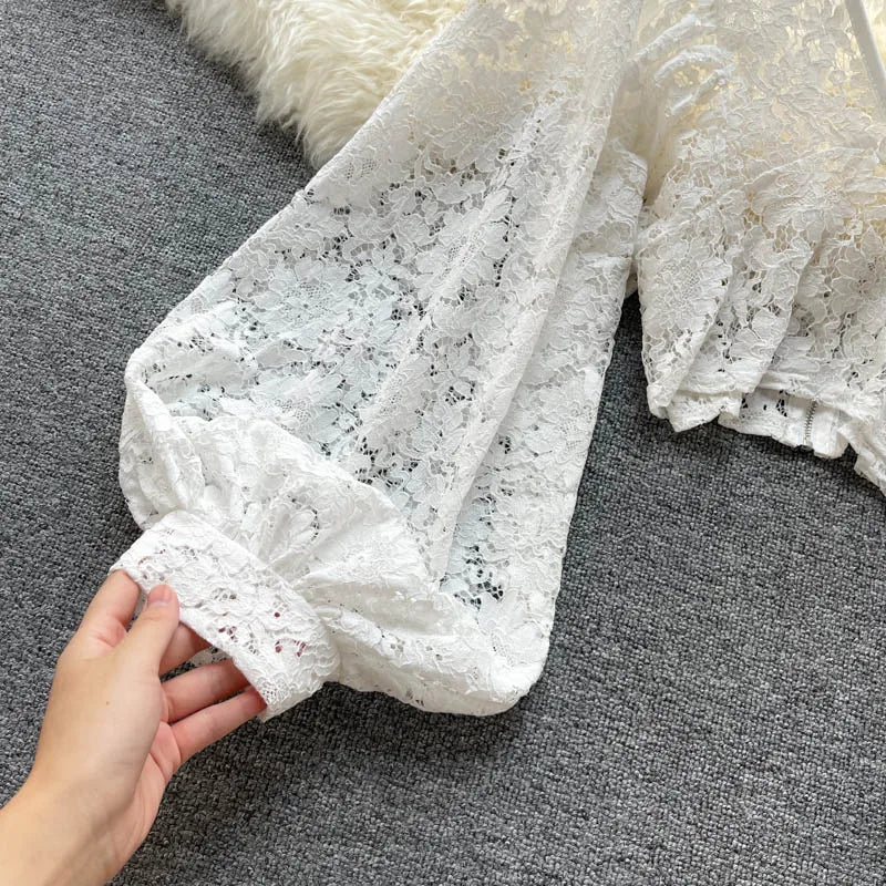 Frenchic Sexy Blusas Mujer Crochet Lace Sheer Women Tops V-neck Lantern Sleeve Backless Lace-up Ladies Elegant Blouse