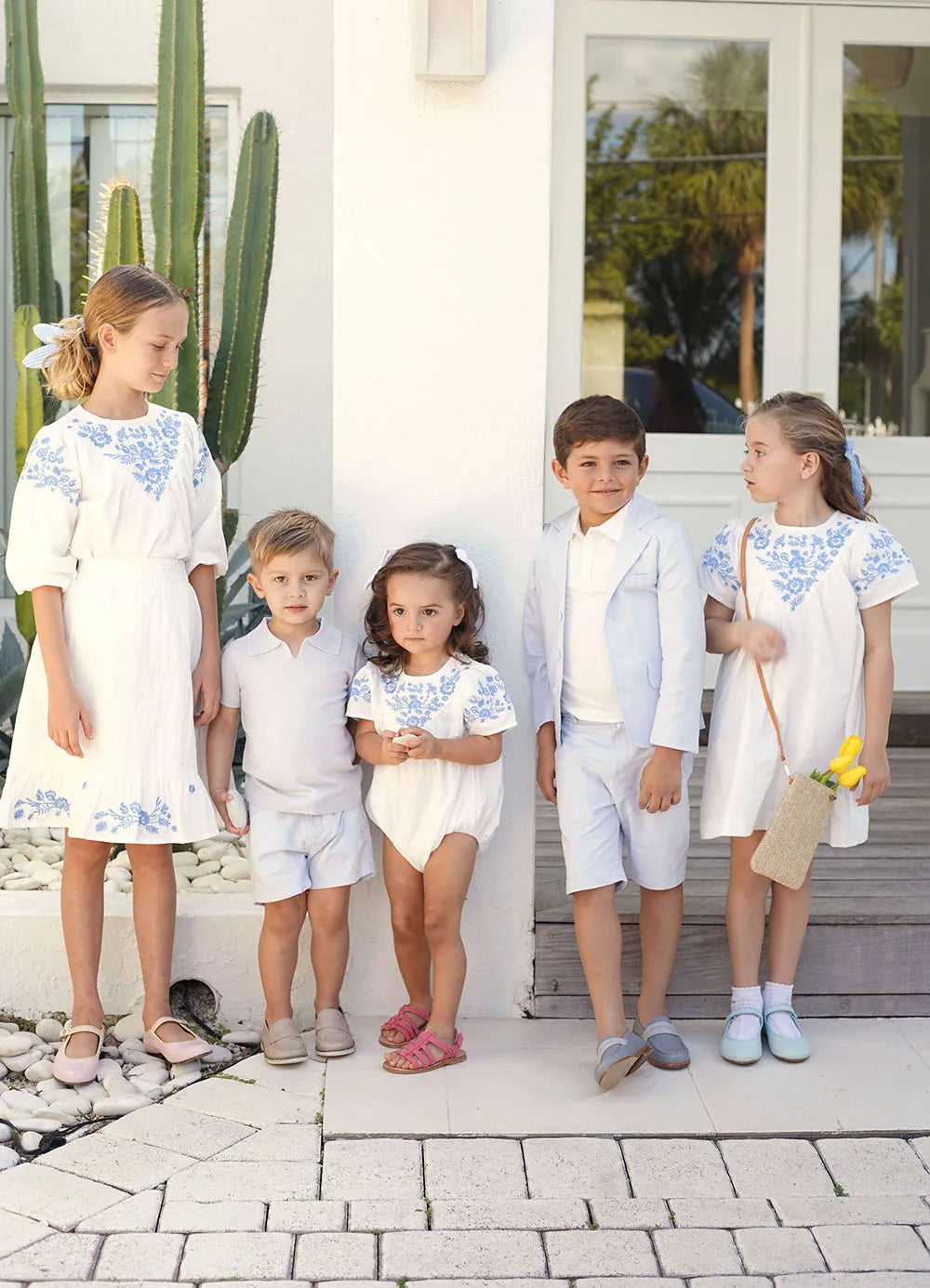 AP Cobalt Embroidery Collection Not Transparent 2025SS Girls Dress Sister Brother Matching Clothing Set Baby Romper Knit Polo
