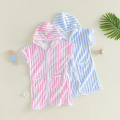 1-6Y Kids Swimwear Cover-ups Striped Zip Up Short Sleeve Hooded Robe Shawl for Beach Pool for Boys Girls Swimsuits