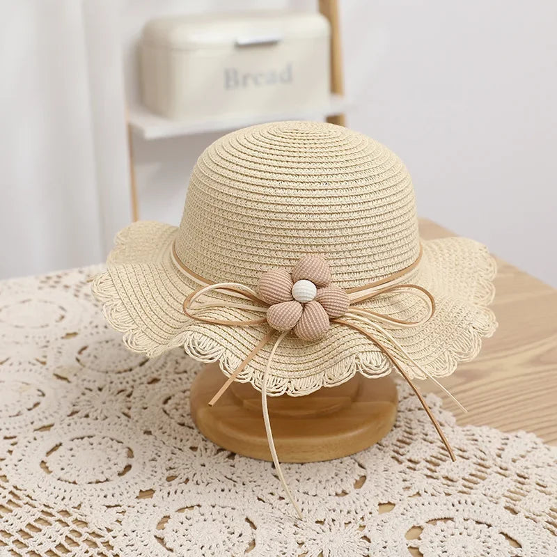 Summer Baby Girl Straw Hat Solid Color Lace Ruffle Kids Fisherman Cap Outdoor Beach Caps Sunshade Wide-brim Bucket Hats