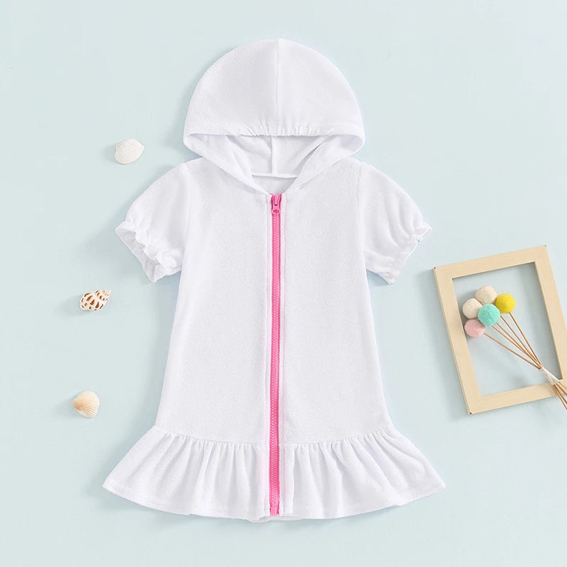 Girls Swimwear Cover-ups Solid Color Short Sleeve Zipper Ruffle Beach Dress Toddler Bathing Suit Kids Bikini Cover Up 1-8Y