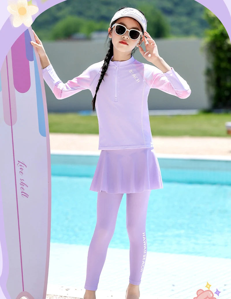 Two Piece Long Sleeve Girls Swimwear With Skirt Burkini Swimsuit Kids Children Modest Swimming Suit Sun Protection Beachwear