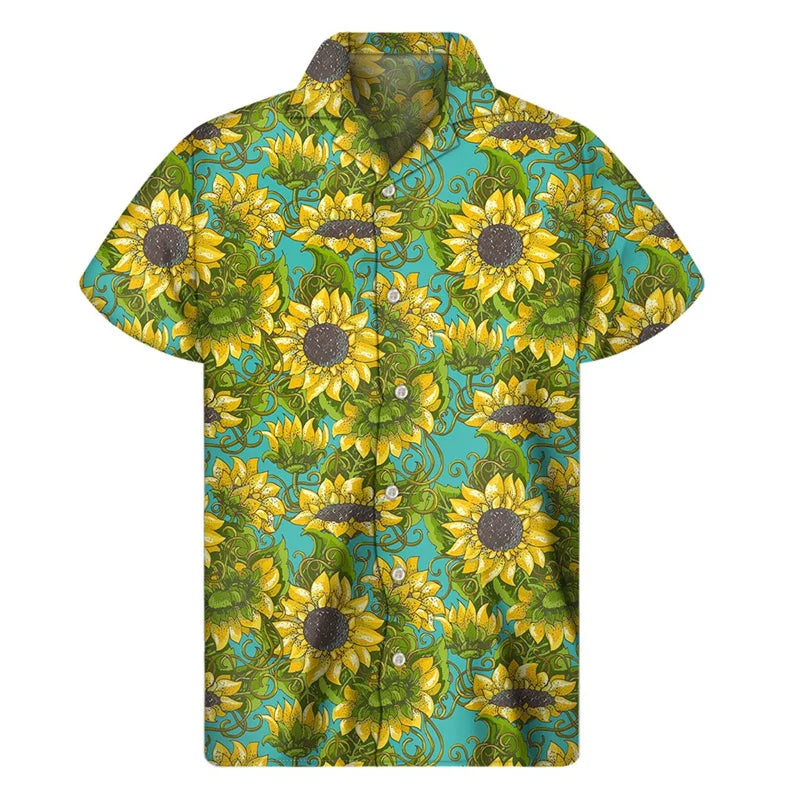 3d Plants Sunflower Print Shirt For Men Fashion Classic Short Sleeve Summer Vacation Shirts Breathable Tops Hawaiian Shirts
