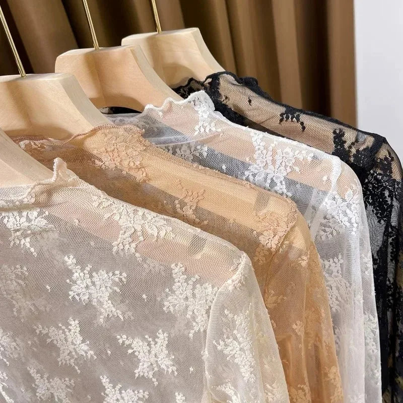 New Women Floral Lace Shirt Spring Autumn Long Sleeve Sexy Mesh Bottoming Shirts Mock Neck Blouse T-Shirt Pullover Top