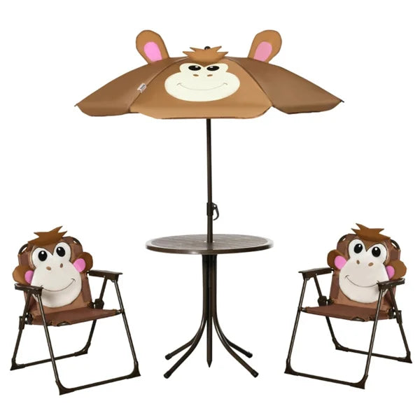Cute Monkey Kids Patio Table Chair Set with Removable Cartoon Sun Umbrella, Foldable Portable Outdoor Toddler Furniture, 2 Folding Chairs Round Metal Table, Space Saving Kids Play Dining Set for Backyard Garden Lawn Picnic Be