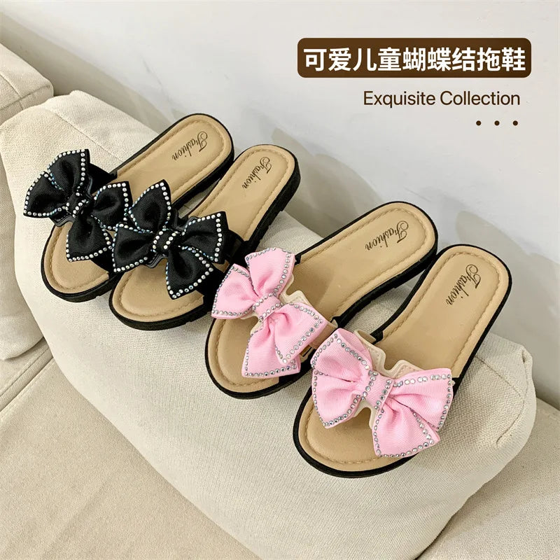 2026 New Bow Flats Open Toe Slide Sandals Non-slip Flip Flops Children Home Slippers Kids Girls Summer Cute Beach Slippers Shoe