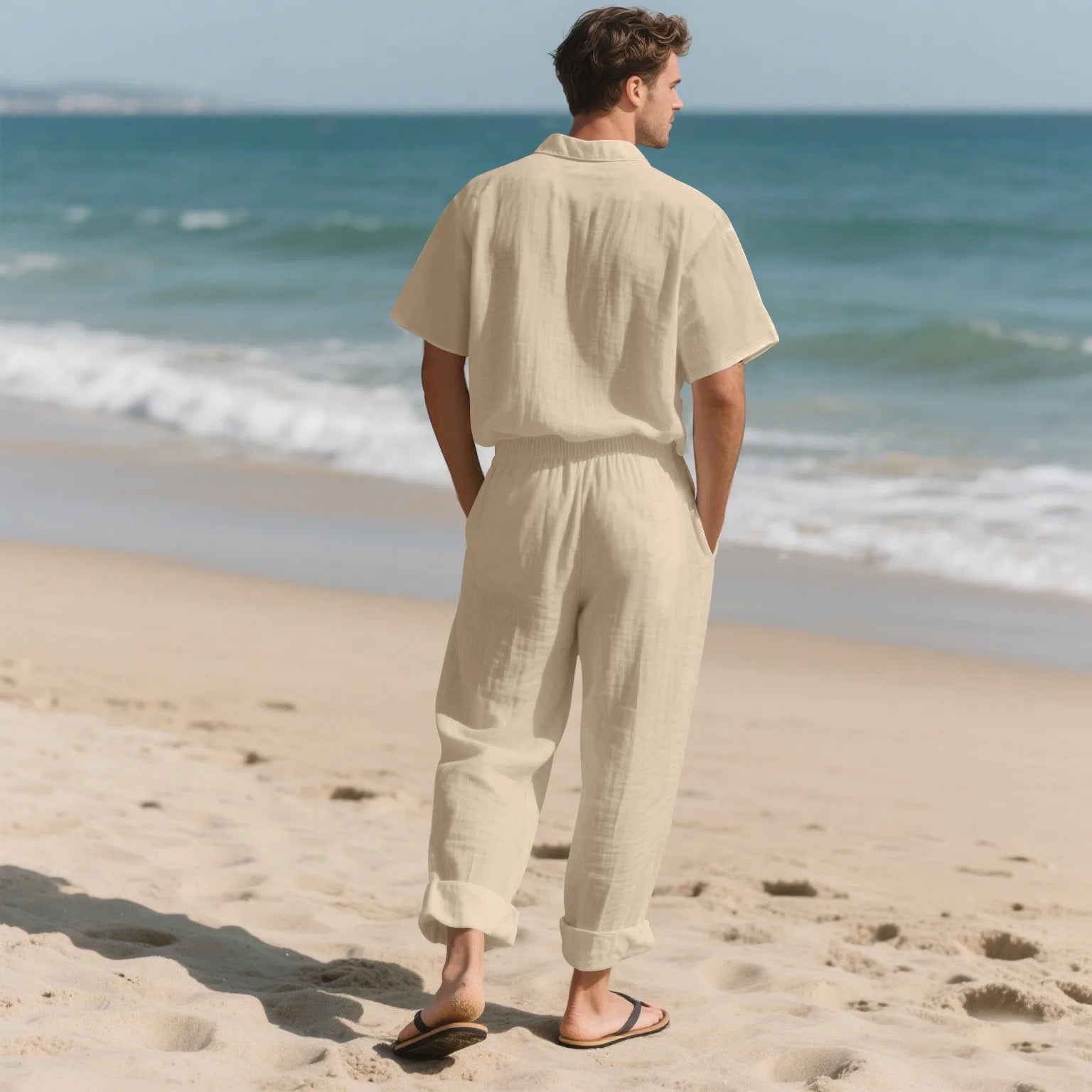 The 2025 Summer Beach Men's linen short-sleeved shirt set is a two-piece long pants set suitable fordaily casual beach vacations