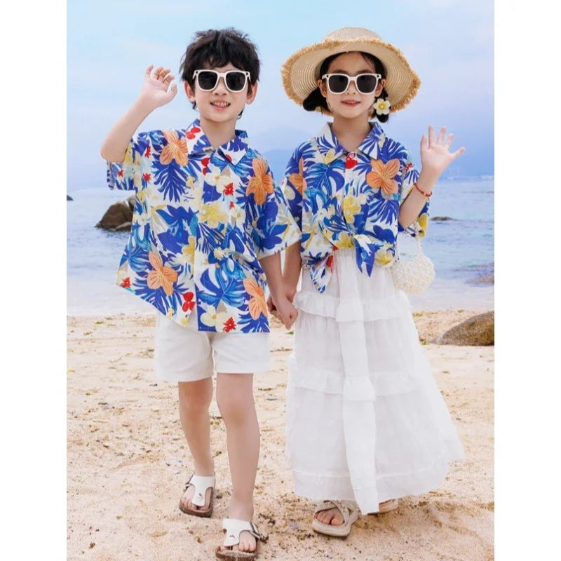 Vacation Family Matching Clothes Sets Mom Daughter Shirts Skirt Casual Dad Son Tops Shorts Resort Parent Child Two Piece Outfit