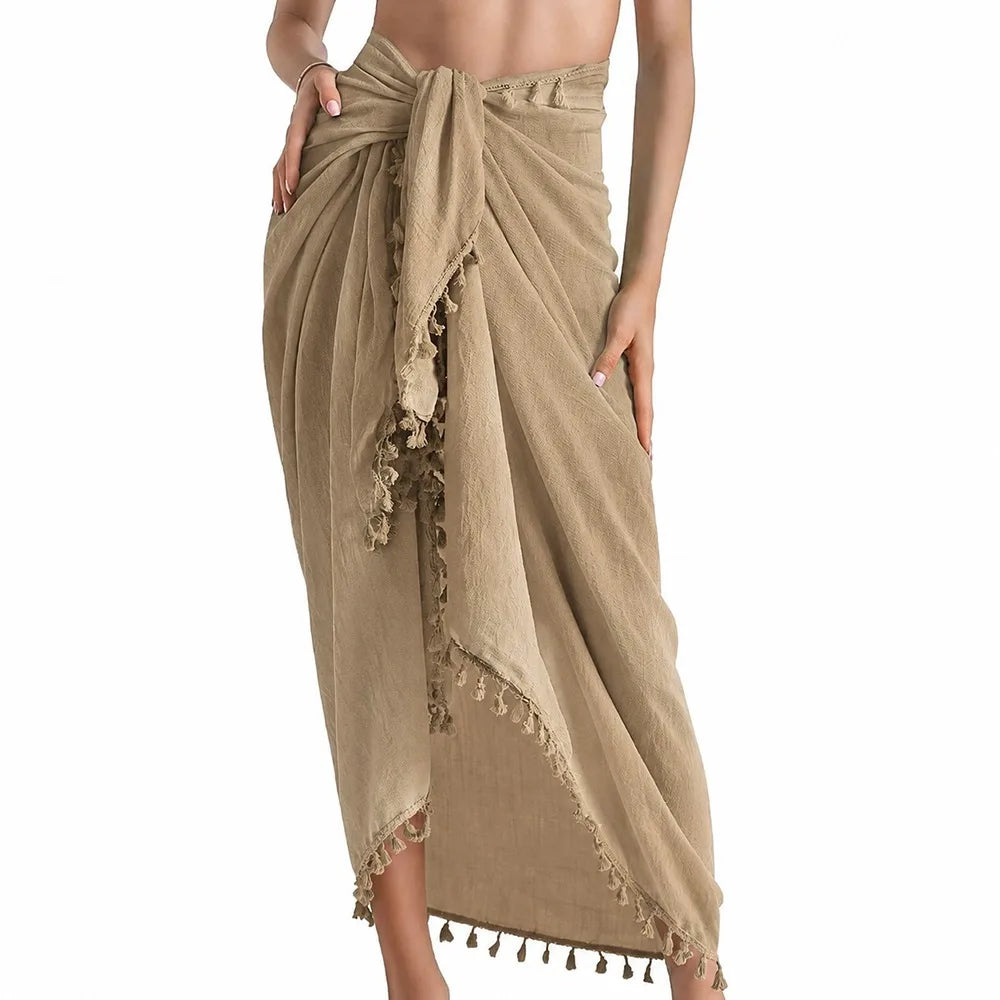 Solid Color Beach Wrap Skirt Sheer Design Quick Drying Sarong Beach Towel Knot Side Tassel Trim Bikini Cover Up