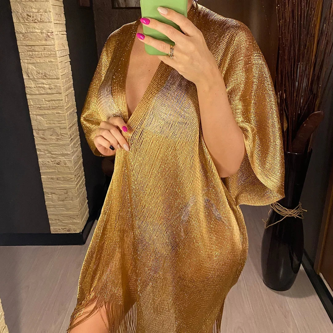 Sexy Fringe Tassel Sheer Knitted Beach Cover Up Dress Shiny Mesh Tunic for Women Swimwear Mesh Cover Lightweight Beach Dress